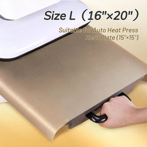 4 Pack PTFE Teflon Sheets 16x20 for Auto Heat Press shown being used on 15x15 heat plate, nonstick heat resistant paper close-up