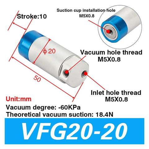 Diagram showing dimensions and threads of the Heavy Duty Mechanical Arm Gripper Cylinder For Pneumatic Automation High Performance Actuator With Vacuum Generator And Suction Cup Great For Robotics Machinery And Industrial Manufacturing.
