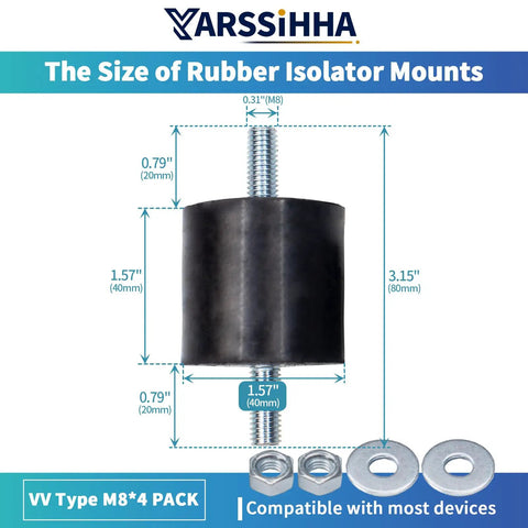 Heavy Duty 4 Pack M8 Anti Vibration Rubber Isolator Mounts With Reinforced Galvanized Steel Core For Diesel Engines And Air Compressors, size dimensions with nuts and washers