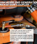 90 Degree Grease Gun Coupler With No Fuss 360 Degree Swivel And Quick Release 12000 PSI Fitting in use on machinery