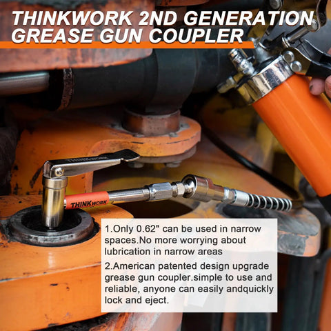 90 Degree Grease Gun Coupler With No Fuss 360 Degree Swivel And Quick Release 12000 PSI Fitting in use on machinery