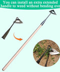 All Steel Hardened Hollow Garden Hoe For Tough Weeding And Edging with extended handle, shown in use and close-up view