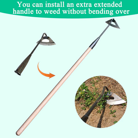 All Steel Hardened Hollow Garden Hoe For Tough Weeding And Edging with extended handle, shown in use and close-up view