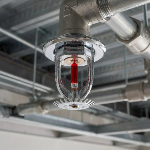 10 Pack Top Tier Fire Sprinkler Heads Pumping Upward Water Spray And 155 Degrees Rapid Trigger in ceiling installation with red element.