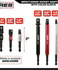 ARES 6-piece impact-grade socket adapter set with color sleeves; 1/4, 3/8, 1/2 in drives; 3 inch and 6 inch lengths.
