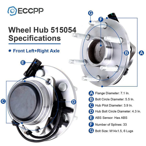 Specifications of 2 Pack Beefy Front Wheel Hub Bearing Assembly With ABS For 6-Lug GM Vehicles Including Express 1500 Silverado 1500 Savana 1500 Sierra Yukon Escalade Avalanche 1500 2WD Only OE 515054, showing detailed measurements.