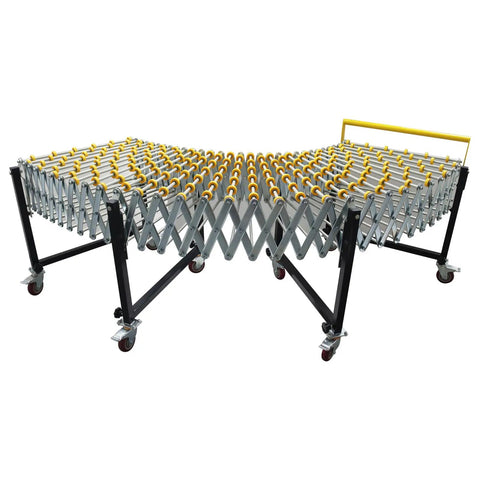 Flexible Portable Conveyor Featuring Abs Rollers Adjustable 47 To 177 Inch Telescopic Gravity Belt view with yellow rollers and adjustable frame.
