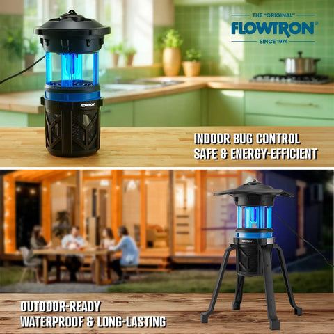 Indoor Outdoor Bug Trap Zapper With UV Light And Fan 800 Volt Stun Grid Delivers 530 Sq Ft Coverage Silent Insect Killer For Mosquitoes Flies Gnats Patio Yard Home Garage, shown indoors and outdoors