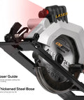 Close-up of Hot Rodded Cordless Circular Saw With Laser Guide showcasing laser feature and thickened steel base for durability.