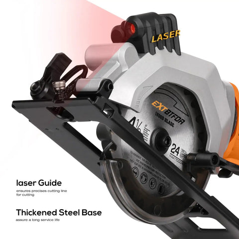Close-up of Hot Rodded Cordless Circular Saw With Laser Guide showcasing laser feature and thickened steel base for durability.