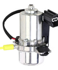 Front view of brake booster vacuum pump with metal housing, black electrical connector, and yellow inlet nozzle.