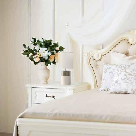 Two Tone Porcelain Bedside Table Lamp With White Fabric Shade In Silver And Off White Bulb Not Included 40W Equivalent Candelabra on nightstand