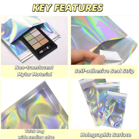 Holographic Metallic Poly Mailers Self Sealing Glitter Bags with makeup, showing seal strip and holographic surface, pack of 100.