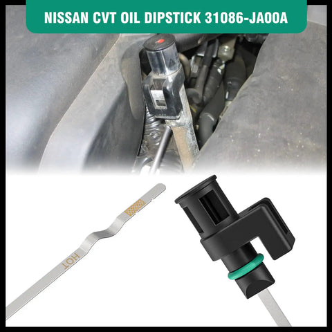 Nissan CVT Transmission Dipstick Replacement OEM 31086 JA00A Fits Altima 2007-2023 Rogue 2013-2023 Maxima Murano 2006-2023 Oil Level Dipstick Indicator Gauge in engine bay close-up