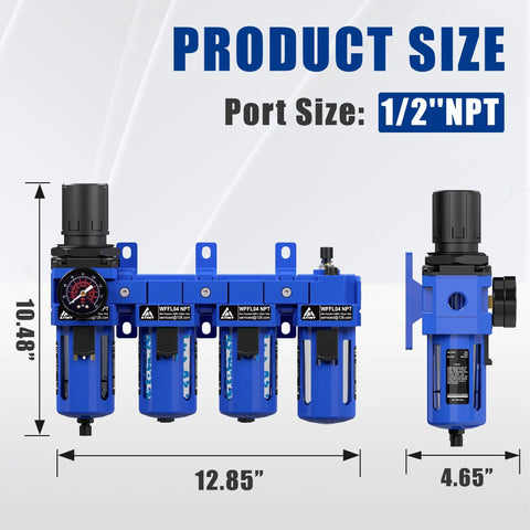 All In One Half Inch NPT Air Filter Regulator Lubricator Combo dimensions with brass cartridge oil water separator.