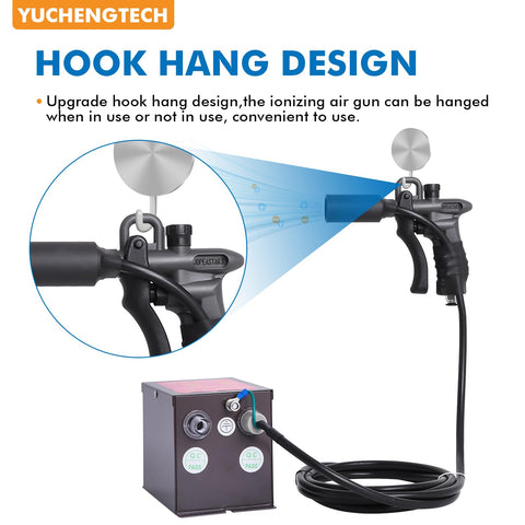 Beefed Up Dual Air Gun Ionizing Tool 7KV Static Eliminator showing hook hang design with stainless steel ion needles.