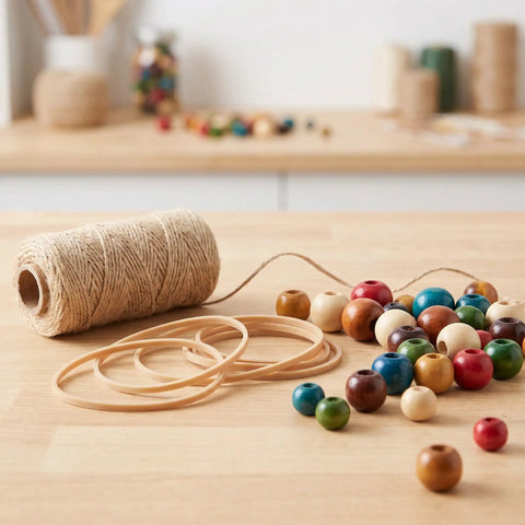 Heavy Duty Elastic Rubber Bands Bulk 400 Pc Pack 2.36 By 0.12 Inches High Temp Resistant For Office Balloon Garlands Trash Cans File Folders And Lab Use Ideal For Holding Test Tubes And Glassware, beige bands on wooden table with craft beads