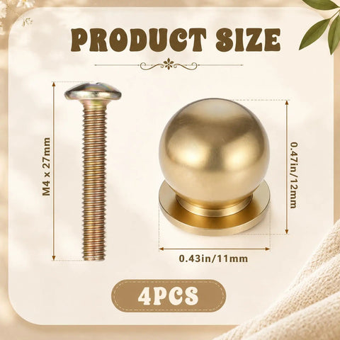 Real Deal Quality Top Shelf Solid Brass Mini Knobs One Half Inch Gold Drawer Pulls Four Pack With Screws shown with dimensions.