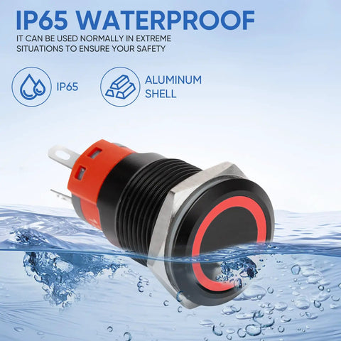 12V Latching Push Button Switch With Waterproof LED Ring Red Light For Car On Off Power Button 0.63 Inch Mount Hole Self Locking