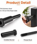 Kickass 20 Piece Hella Durable 1/8 Inch Black T316 Stainless Steel Invisible Cable Railing Kit components including reciever and stud.