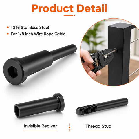 Kickass 20 Piece Hella Durable 1/8 Inch Black T316 Stainless Steel Invisible Cable Railing Kit components including reciever and stud.