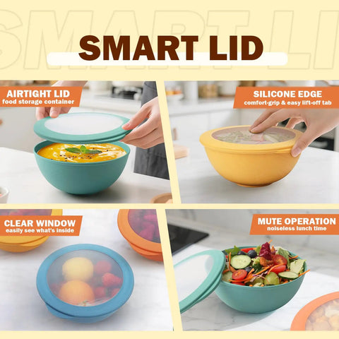 Wheat Straw Bowls Set With Lids, 40 Oz Unbreakable Cereal Bowls featuring airtight lids and silicone edges for easy use in various settings.