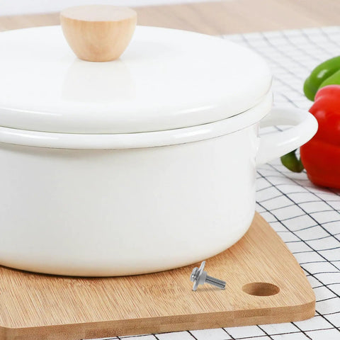 White pot with wooden lid handle showing 40 Piece M5 Stainless Steel Screws For Pot Lid Handles With Washers And Silicone Gaskets