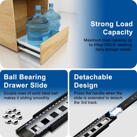 14-Inch Push To Open Drawer Slides With Screws, 100Lb Load Capacity, 3-Fold Full Extension, Ball Bearing Hardware details