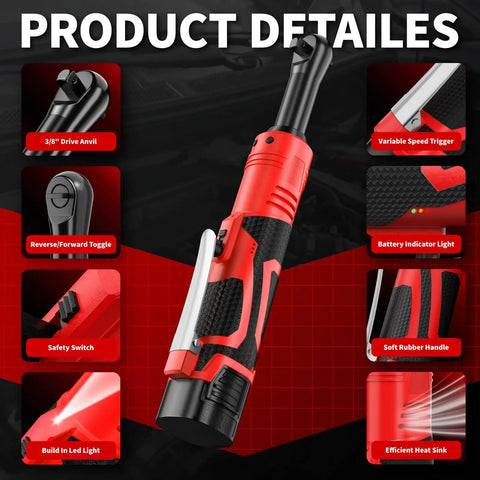 Electric Ratchet Wrench Set with 16.8V Cordless Power, 40 Ft Lbs Torque, 550 RPM, Three Eighths Inch Drive product details features