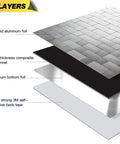 Peel And Stick Stainless Steel Backsplash Tiles For Kitchen Walls 12x12 Inches 10 Sheets Easy Install Rent Friendly Range Hood Shield Brushed Aluminum Matte Finish No Fuss Install Heat Resistant Durable Easy Clean Up For Modern Kitchens layered view showing brushed aluminum foil and adhesive backing