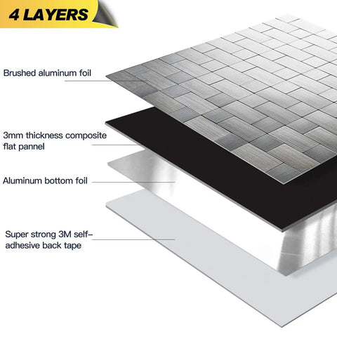 Peel And Stick Stainless Steel Backsplash Tiles For Kitchen Walls 12x12 Inches 10 Sheets Easy Install Rent Friendly Range Hood Shield Brushed Aluminum Matte Finish No Fuss Install Heat Resistant Durable Easy Clean Up For Modern Kitchens layered view showing brushed aluminum foil and adhesive backing