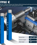 Front view of a 10-piece blue carbide-tipped lathe cutting tool set with 1/4" shanks (C4–C6) beside a metal lathe