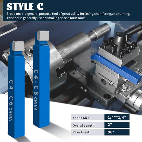 Front view of a 10-piece blue carbide-tipped lathe cutting tool set with 1/4" shanks (C4–C6) beside a metal lathe