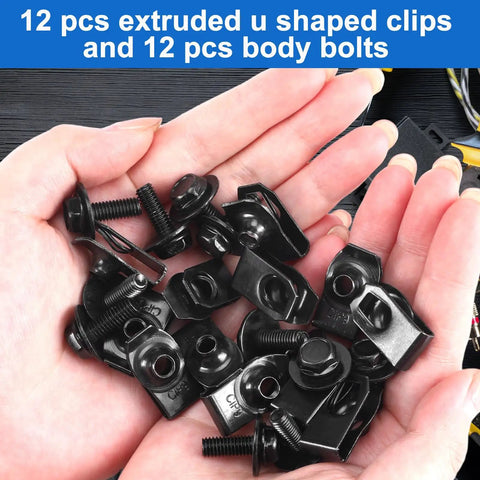 12 pcs extruded U shaped clips and 12 pcs body bolts from M6-1.0 Body Bolts And Extruded U Nut Clips Bulk Kit.