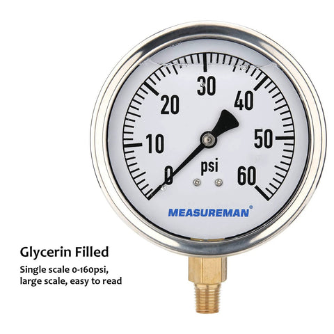 MEASUREMAN 4-inch dial glycerin-filled plumbing pressure gauge, 0-60 psi, stainless steel case, 1/4" NPT lower mount