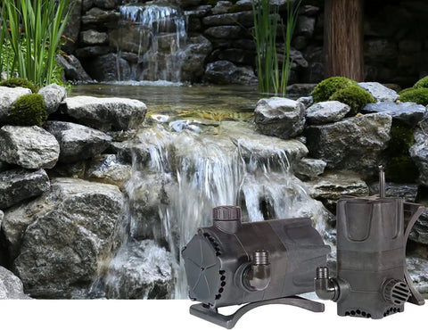 115V Dual Discharge Submersible Pond Pump With Beefy 4280 GPH, Oil-Free Direct-Drive Waterfall Pump for Ponds displayed by waterfall