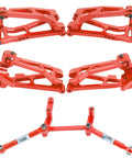 Red aluminum suspension arms and steering knuckle kit with shock tower and linkage for 1/16 scale RC cars compatible with Hyper Go.