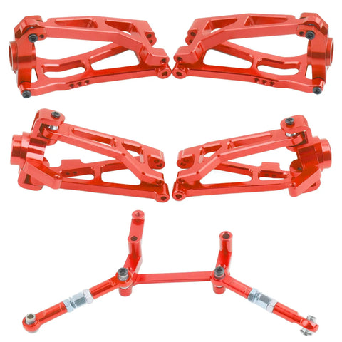Red aluminum suspension arms and steering knuckle kit with shock tower and linkage for 1/16 scale RC cars compatible with Hyper Go.