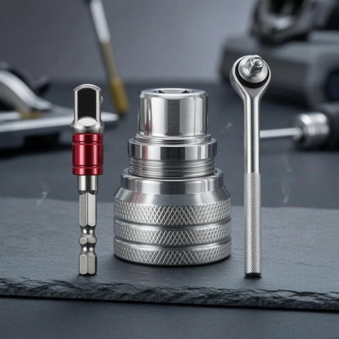 Heavy Duty Adjustable Socket Wrench Kit With 3 8 Drive Ratchet And Double Groove Extension Bar showing a ratchet, socket and extension on slate.