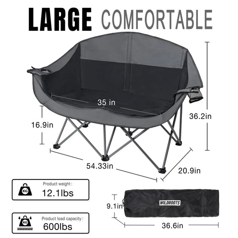 Outdoor Folding Double Camping Chair For Two People With 600 Lbs Heavy Duty Capacity Loveseat Style And Two Cup Holders Portable