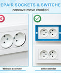 Comparison of outlet installed without and with Six Pack Half Inch Single Gang Receptacle Box Extenders With Twelve Screws.