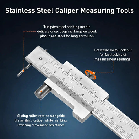 Close-up of Vernier Caliper 0-8 Inch Dual Scale Stainless Steel With Carbide Scriber showing scale and locking mechanism
