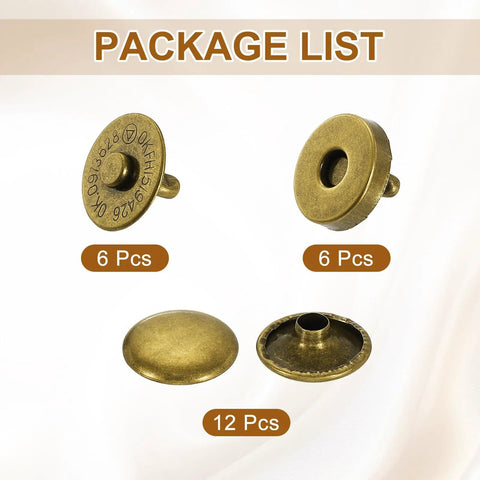 Kickass Heavy Duty Copper Magnetic Snap Buttons For Leather Crafting Jobs That Hold Their Ground Without Any Fuss Easy Drop Installation For Denim Coats And Weighty Canvas Totes Comes With Twelve Pieces, showing package list of 12 pieces.