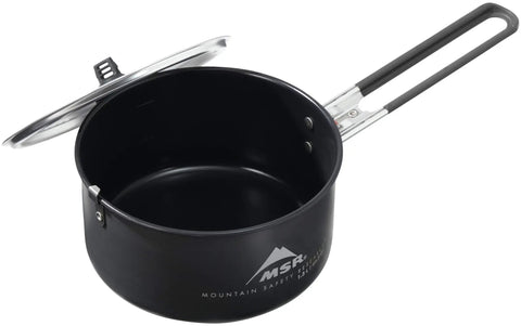 Go To Solo Camping Pot 1.3 Liter With Nonstick Ceramic Fusion Coating Lightweight Aluminum Cook Pot For Easy Solo Meals Scratch Resistant PTFE And PFOA Free High Temperature Safe Easy To Clean Lid Included showing open pot with handle and lid slightly ajar