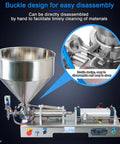 Pneumatic Liquid Paste Bottle Filler, 40L Stainless Steel Hopper, showing buckle design for easy disassembly and cleaning.