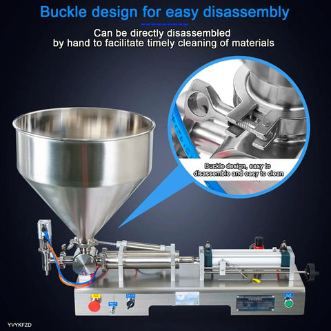 Pneumatic Liquid Paste Bottle Filler, 40L Stainless Steel Hopper, showing buckle design for easy disassembly and cleaning.