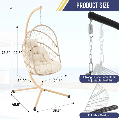 Swing Egg Chair With Stand For Indoor Outdoor Use, Durable Wicker Rattan Basket With UV Resistant Cushions, 350 Lb Capacity, Beige Color