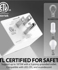 Wireless Remote Outlet Switch Set (2 Pack) No Wiring, ETL Listed 15A 125V 1875W showing plug and bulb compatibility