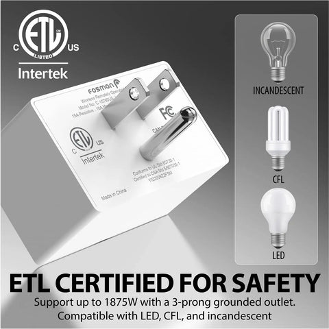 Wireless Remote Outlet Switch Set (2 Pack) No Wiring, ETL Listed 15A 125V 1875W showing plug and bulb compatibility