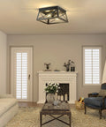 Industrial Ceiling Light Fixture 2 Light Farmhouse Semi Flush Mount Black Metal Cage With Faux Wood Finish in living room.